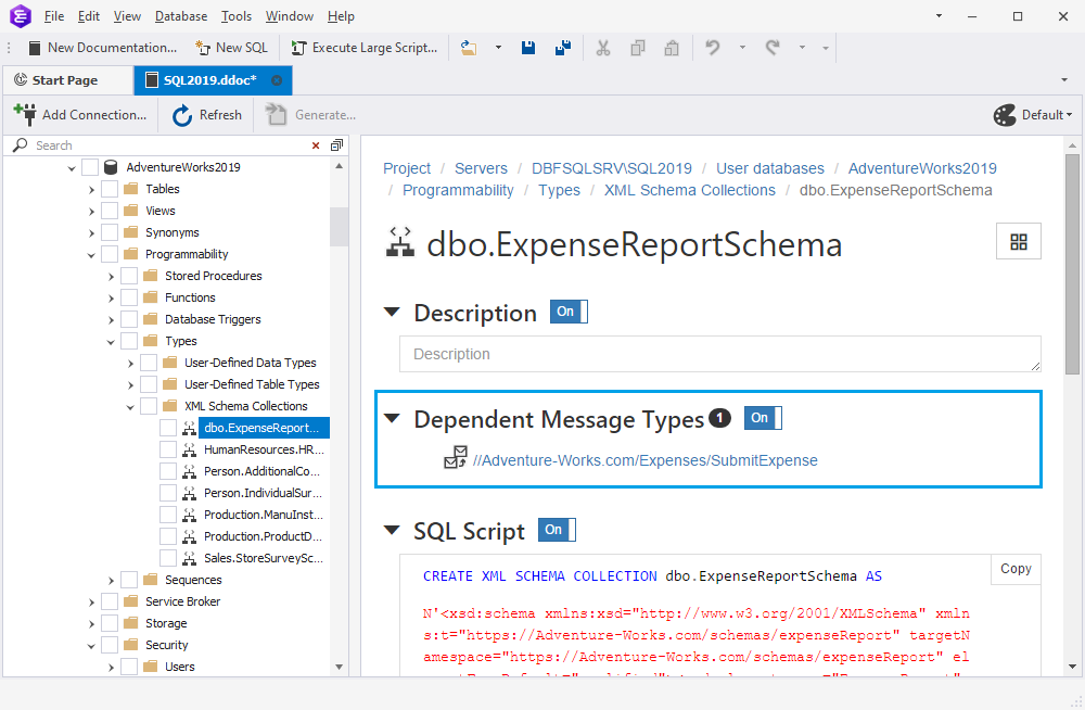 Dependent message types in the XML schema collection object