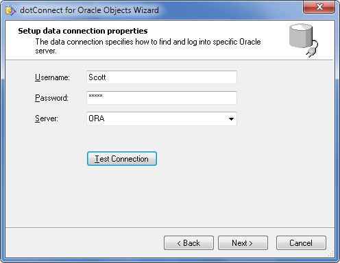 dotConnect for Oracle Objects Wizard - Setup data connection properties