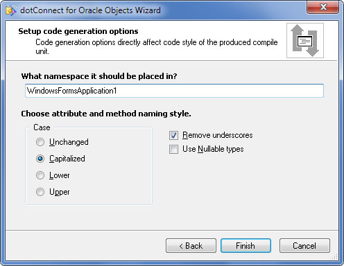 dotConnect for Oracle Objects Wizard - Setup code generation options