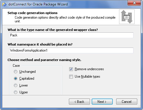 dotConnect for Oracle Package Wizard - Setup code generation options