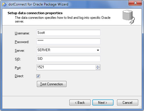 dotConnect for Oracle Package Wizard - Setup data connection properties