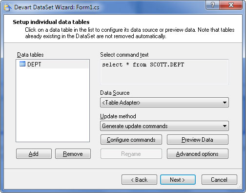 Devart DataSet Wizard - Setup individual data tables page
