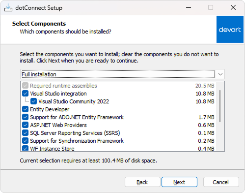 Installation via wizard - select components