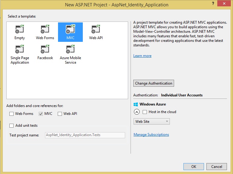 New ASP.NET Project dialog box