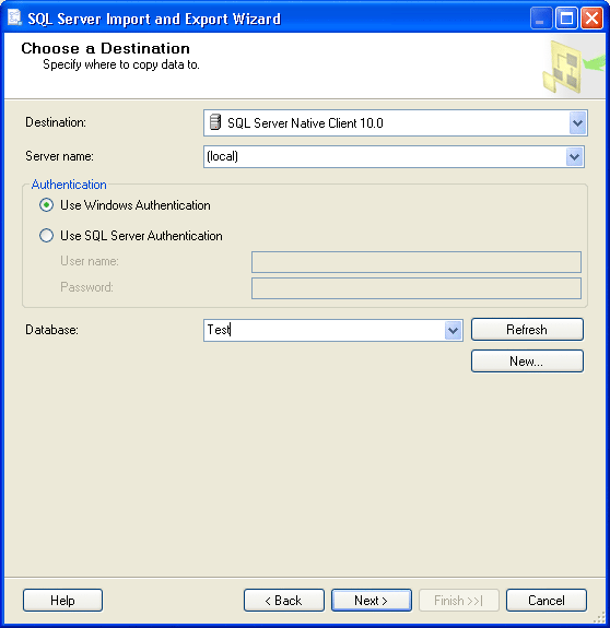 SQL Server Import and Export Wizard - Choose a Destination