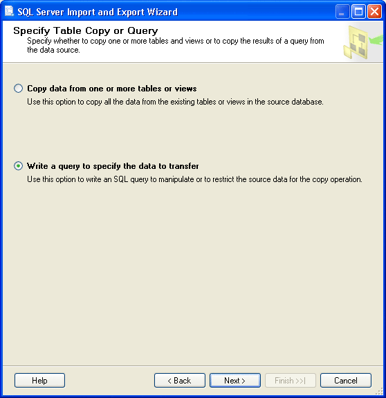 SQL Server Import and Export Wizard - Specify Table Copy or Query