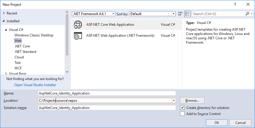 Add New Project dialog in Visual Studio 2017 Add New Project dialog in Visual Studio 2017