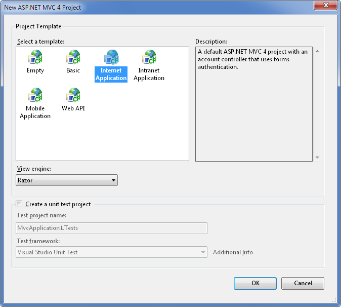 Selecting ASP.NET MVC 4 web application template