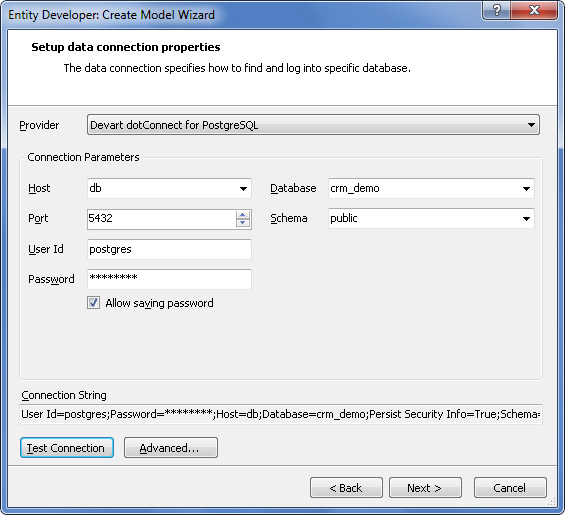 Entity Developer Create Model Wizard - Setup data connection properties