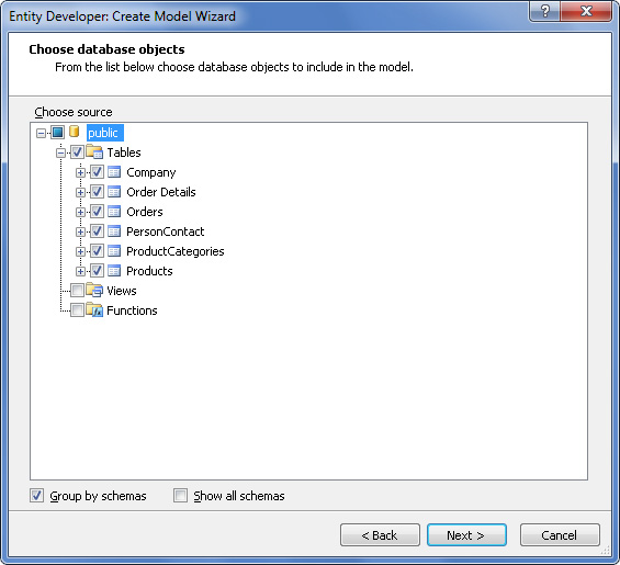Entity Developer Create Model Wizard - Choose database object