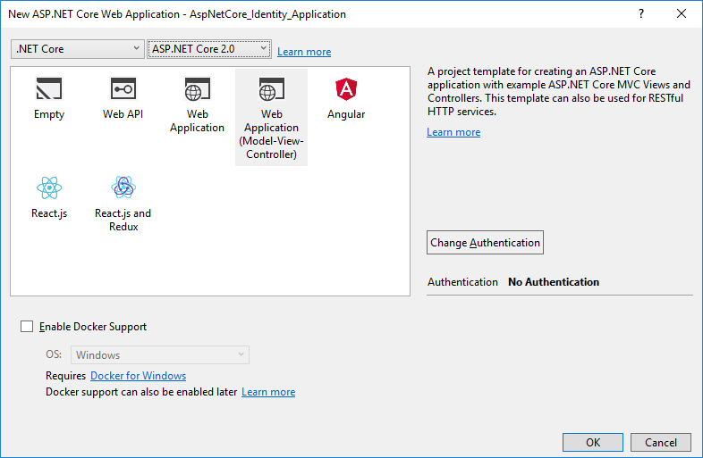 New ASP.NET Project dialog in Visual Studio 2017