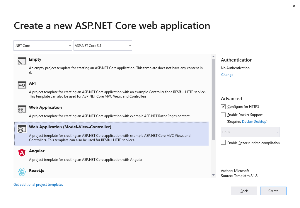 New ASP.NET Project dialog in Visual Studio 2019