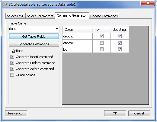 SQLiteDataTableEditor - Command Generator