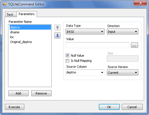 SQLiteCommand editor - parameters