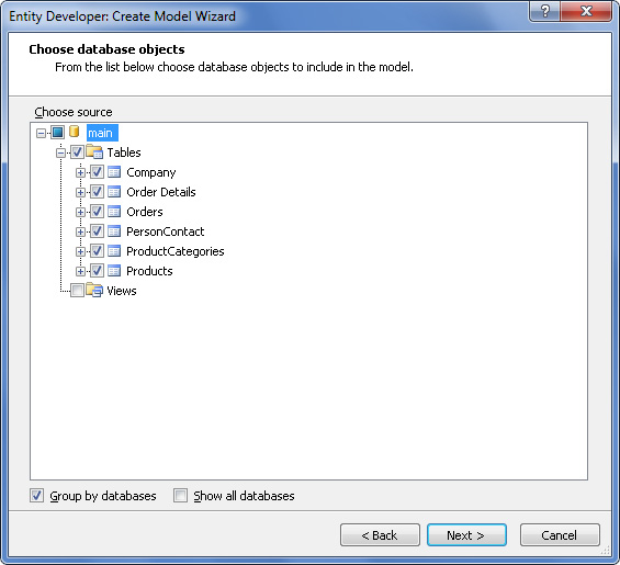 Entity Developer Create Model Wizard - Choose database object