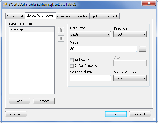 SQLiteDataTableEditor dialog box - Select Parameters
