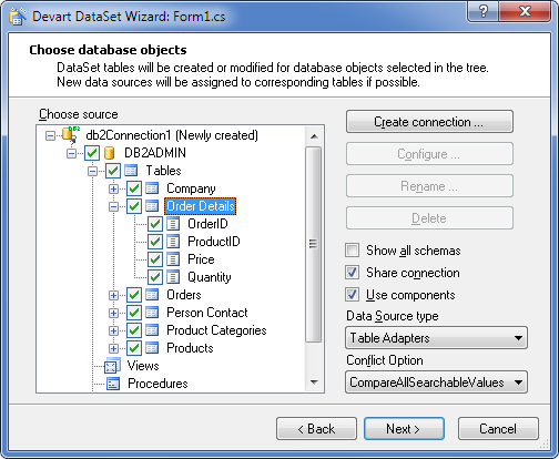 Devart DataSet Wizard - Choose database objects