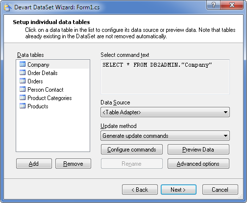 Devart DataSet Wizard - Setup individual data tables