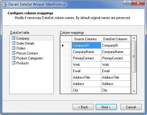 Devart DataSet Wizard - Cobfigure columns mapping