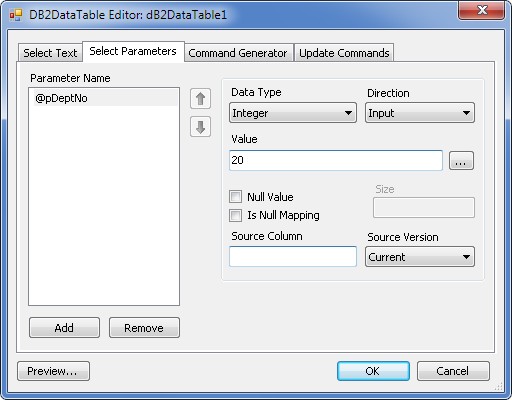 DB2DataTableEditor dialog box - Select Parameters