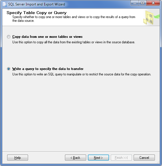 SQL Server Import and Export Wizard - Specify Table Copy or Query
