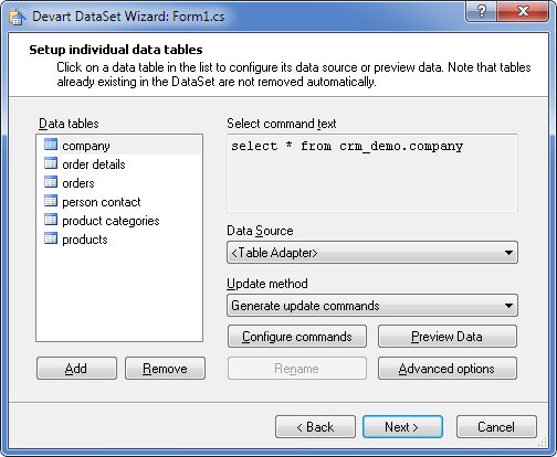 Devart DataSet Wizard - Setup individual data tables
