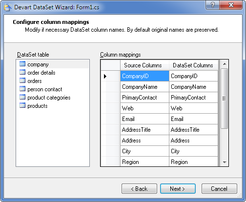 Devart DataSet Wizard - Cobfigure columns mapping