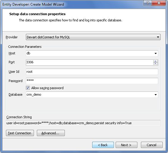 Entity Developer Create Model Wizard - Setup data connection properties