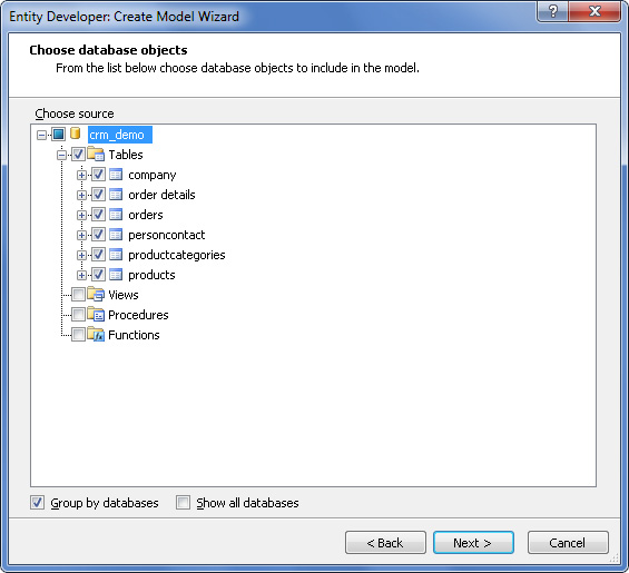 Entity Developer Create Model Wizard - Choose database object