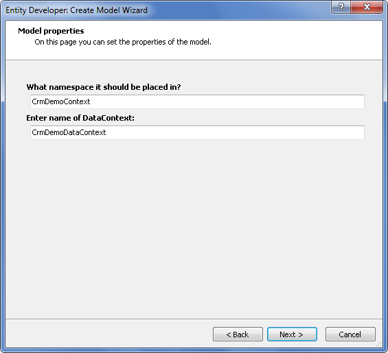 Entity Developer Create Model Wizard - Model properties