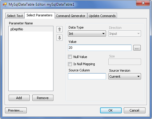 MySqlDataTableEditor dialog box - Select Parameters