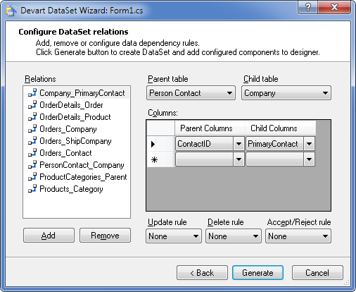 Devart DataSet Wizard - Configure DataSet relations