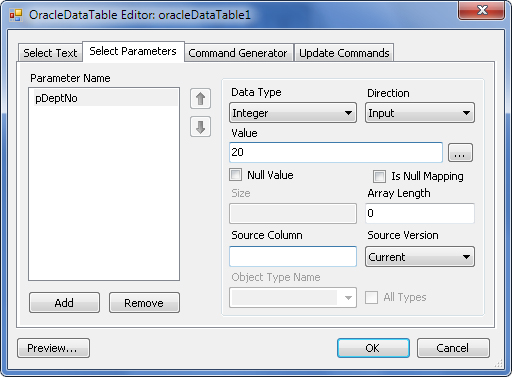 OracleDataTableEditor dialog box - Select Parameters