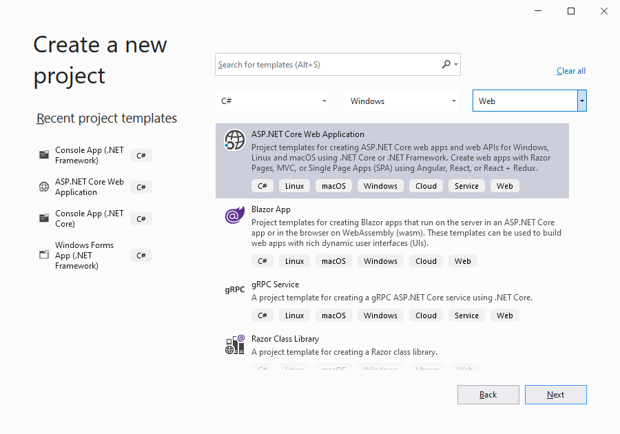 Add New Project dialog box in Visual Studio 2019