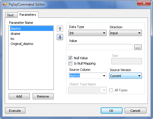 PgSqlCommand editor - parameters