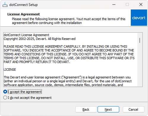 Installation via wizard - license agreement
