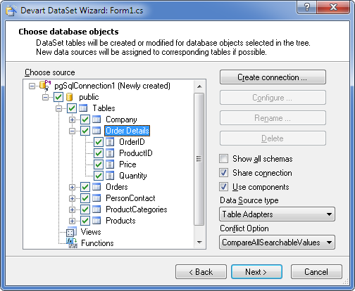 Devart DataSet Wizard - Choose database objects
