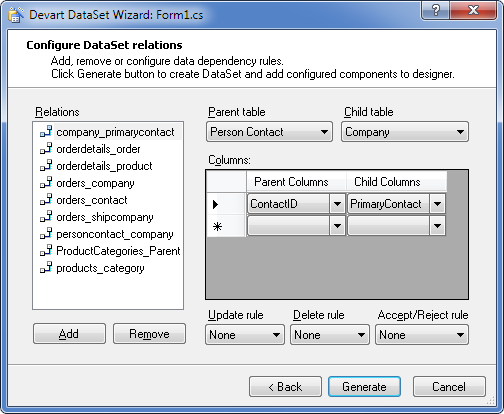 Devart DataSet Wizard - Configure DataSet relations