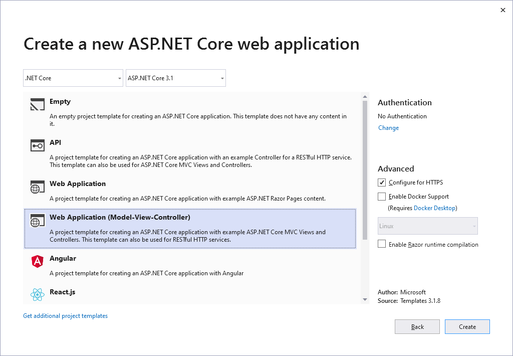 New ASP.NET Project dialog box in Visual Studio 2019