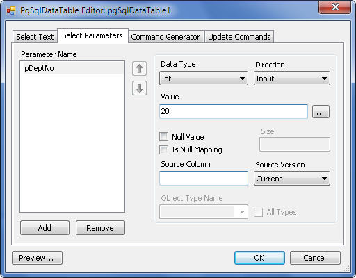 PgSqlDataTableEditor dialog box - Select Parameters