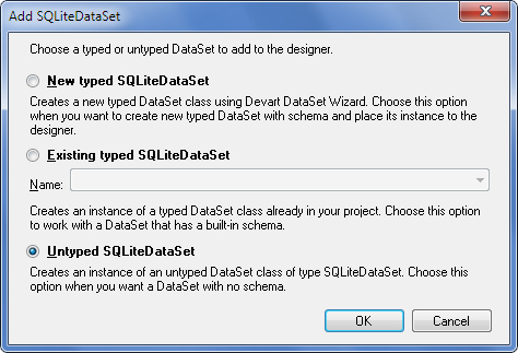 Add SQLiteDataSet dialog box