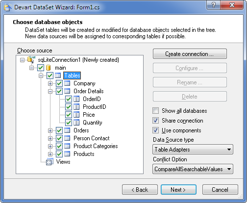 Devart DataSet Wizard - Choose database objects