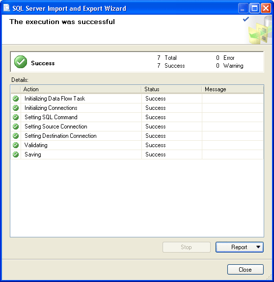 SQL Server Import and Export Wizard - The execution was successful
