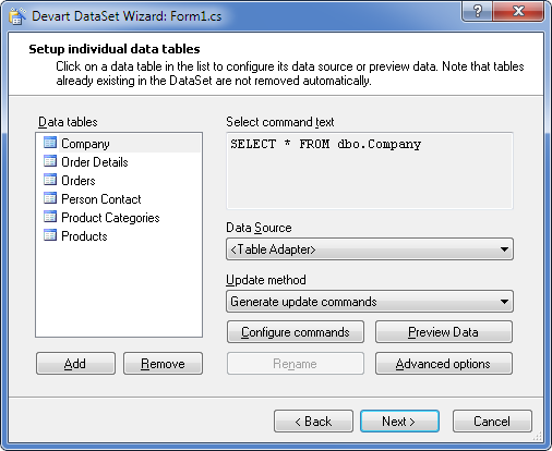 Devart DataSet Wizard - Setup individual data tables