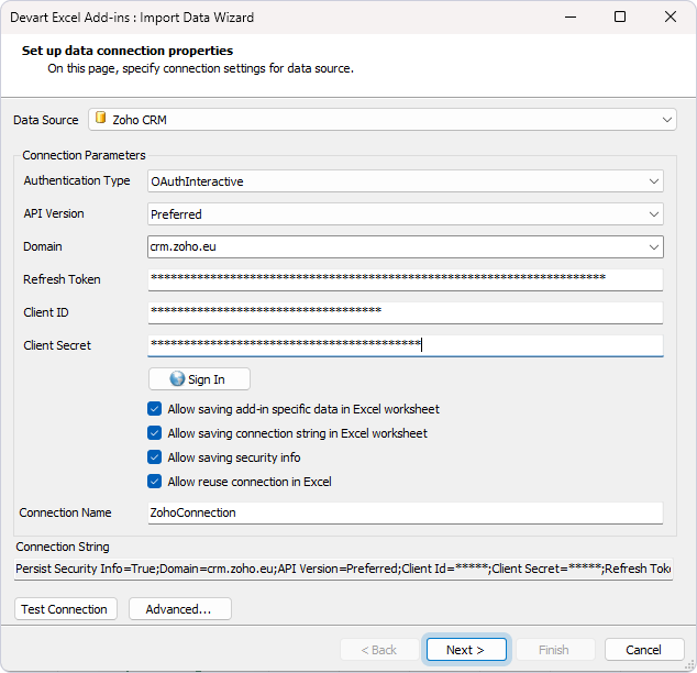 Import Data Wizard: Client credentials filled in