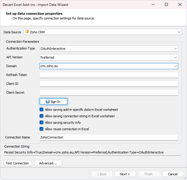 Import Data Wizard: Sign in
