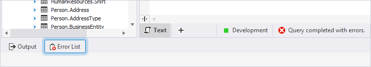 The Error List button at the bottom of the dbForge Studio window