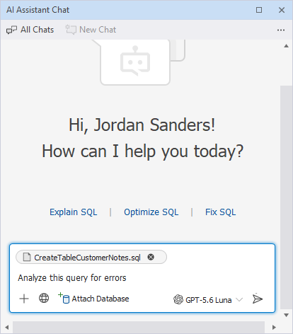 Attached document in the prompt input box of dbForge AI Assistant