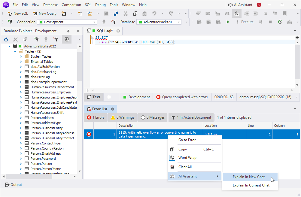 AI Assistant option in the Error List window