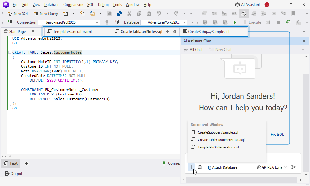 Select the document from the list in the prompt input box of dbForge AI Assistant